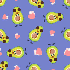 Funny baby avocado with bows and pink hearts on a lilac background. For the design of children's goods, packaging, decor, napkins, disposable cups,
textiles or fabric. Vector illustration. Flat style.