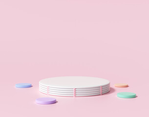 Clean cylinder podium with circular on white background. Abstract minimal colorful scene with geometric for product placement 3d render illustration.
