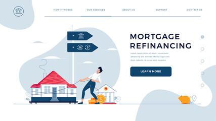Mortgage refinancing homepage template. Man drags a home to the bank for house pawning with getting cash out. Re-mortgage, property refinance concept for web site design. Flat vector illustration - obrazy, fototapety, plakaty