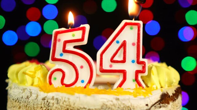Number 54 Happy Birthday Cake With Burning Candles Topper.