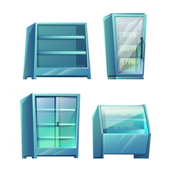 Vector cartoon style set of supermarket storage shelves. Isolated on white background.