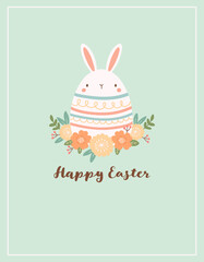 Easter egg shaped bunny with flowers on mint green background. Easter greeting card design with cute bunny character.