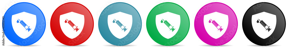 Poster Vaccine shield concept vector icons, set of circle gradient buttons in 6 colors options for webdesign and mobile applications