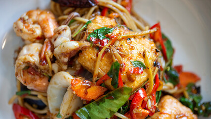 Spaghetti with Spicy Seafood in Platter