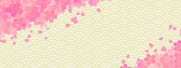 金色の青海波模様と桜の花の背景イラスト no.02