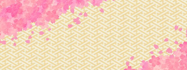 金色の紗綾形模様と桜の花の背景イラスト no.02