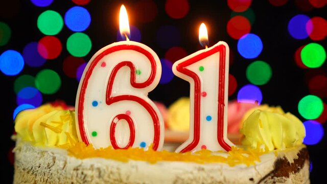Number 61 Happy Birthday Cake With Burning Candles Topper.
