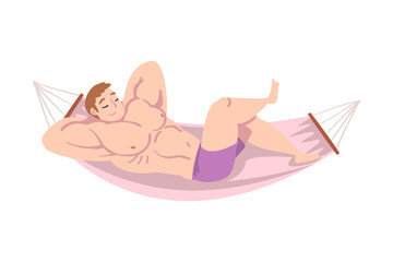 Muscled Male Lying in Hammock and Sleeping Vector Illustration