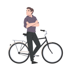 Fototapeta na wymiar Happy Man with Crossed Arms Standing Near Bicycle Enjoying Vacation or Weekend Activity Vector Illustration