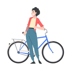Obraz premium Happy Woman Standing Near Bicycle Enjoying Vacation or Weekend Activity Vector Illustration