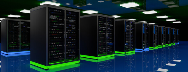 Server room data center. Backup, mining, hosting, mainframe, farm and computer rack with storage information. 3d render