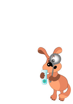 The dog looks at the virus in the magnifying glass.