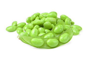 Green soy beans on white background.