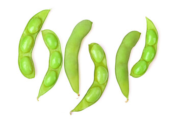 Green soy beans on white background. Top view.