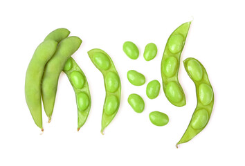 Green soy beans on white background. Top view.