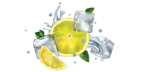 Sliced lemon, mint leaves and ice cubes with water splash © conceptcafe