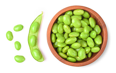 Green soy beans isolated on white background. Top view.