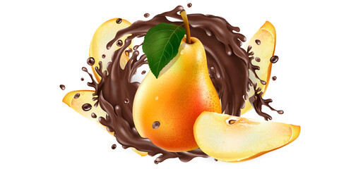 Fototapeta na wymiar Whole and sliced pears in a chocolate splash.