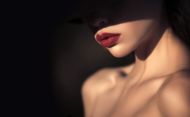 Woman in shadows. Elegant woman with red lips. elegant woman with naked shoulders on black...