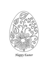 Coloring book. Happy Easter. Floral hand-drawn cartoon doodle illustration. Seasonal vector background, flowers and leaves