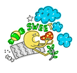 Cute cartoon monster eating pizza under the clouds.