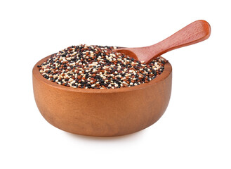 Quinoa seeds in wooden bowl isolated on white background.
