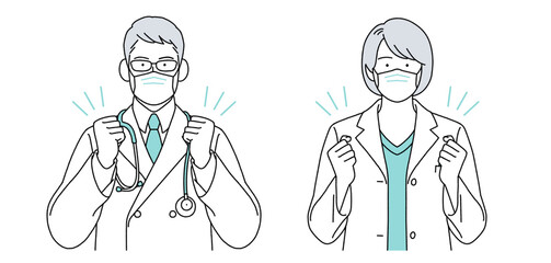 人物イラスト 医師 男女 正体 シンプル マスク着用