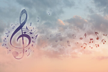 View of beautiful sky with clouds and flying music notes