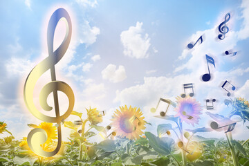 View of beautiful sunflower field and flying music notes in countryside