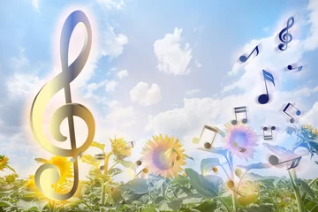 Zelfklevend Fotobehang View of beautiful sunflower field and flying music notes in countryside © Pixel-Shot