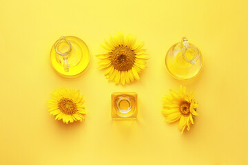Composition with sunflower oil on color background