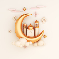 Islamic decoration background with crescent moon mosque, cartoon style, ramadan kareem, mawlid, iftar, isra  miraj, eid al fitr adha, muharram, copy space text area, 3D illustration. © sofirinaja