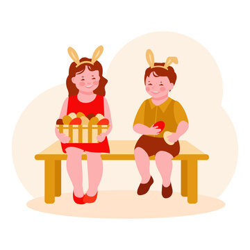 Little girl and boy with a basket of Easter eggs are sitting on a bench. With rabbit ears. Egg hunt. Vector illustration in flat cartoon style.
