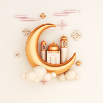 Islamic decoration background with crescent moon mosque, cartoon style, ramadan kareem, mawlid, iftar, isra  miraj, eid al fitr adha, muharram, copy space text area, 3D illustration.