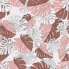 Illustration of brown leaves monstera isolated on a pink background. Seamless pattern