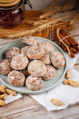 Pile of russian gingerbread cookies on the wooden decorated table