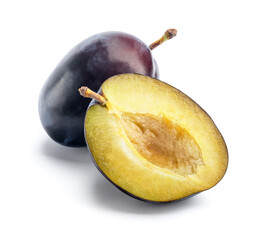 Tasty sweet plums on white background