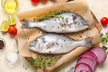 Raw dorado fish with ingredients on light background