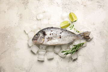 Raw dorado fish with spices and ice on light background