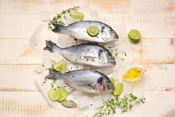 Raw dorado fish with ingredients on wooden background