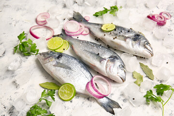 Raw dorado fish with ingredients on light background