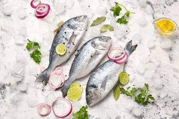 Raw dorado fish with ingredients on light background