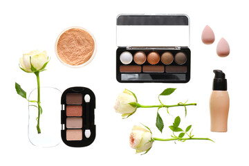 Cosmetics and flowers on white background