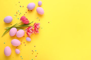 Composition with beautiful Easter eggs on color background