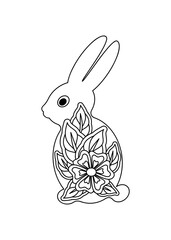 Coloring book for adults and children. Rabbit silhouette, art therapy. Hand drawn vector illustration