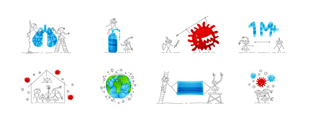 Fototapeta premium Collection of drawings about Coronavirus. Bundle of vector cute miniatures. Set of original emojis.