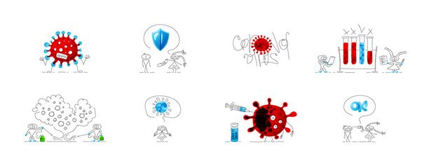 Collection of drawings about Coronavirus. Bundle of vector cute miniatures. Set of original emojis.