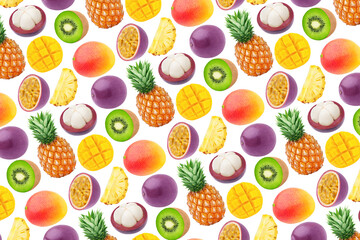 Multicolored endless pattern made with exotic fruits isolated on white background.