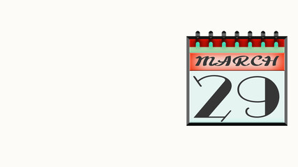 March 29, Calendar On White Background