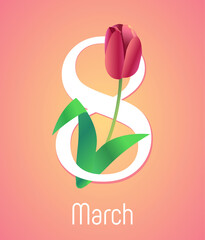 Happy International Womens day. 8 march symbol with red tulip on background. Vector flower spring illustration